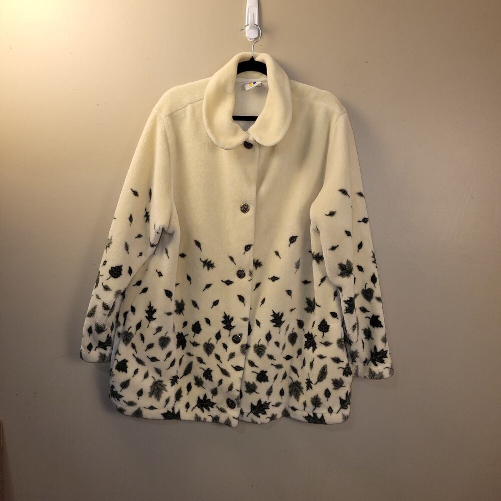 Cityscape Button Front Fleece Jacket‎ Women's XXL Cream Green Leaves Print